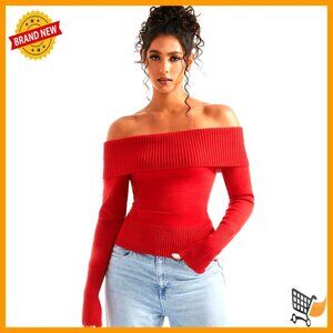 Off Shoulder Ribbed Knit Pullover Sweater Long Sleeve Fall Top